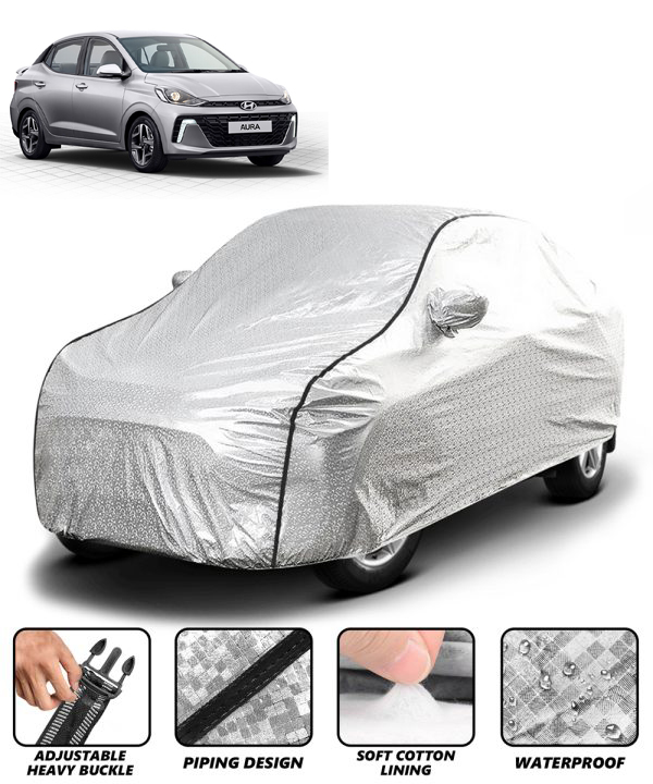 Carzex Waterproof & Heat Resistant Metallic Silver With Black Border Car Body Cover with Mirror Pockets For Hyundai Aura